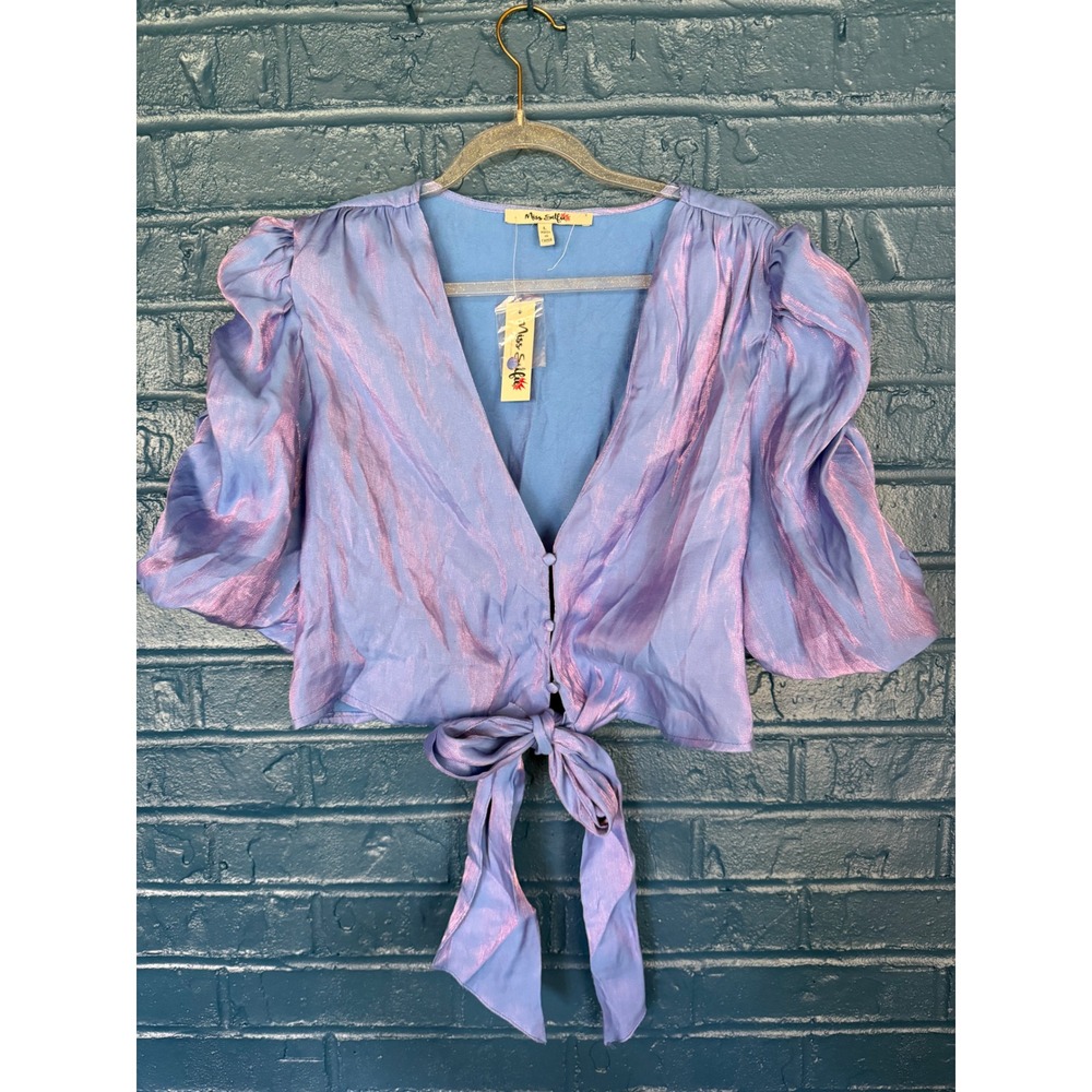 Iridescent Whimsical Shimmer Puff Sleeve Tie Front Crop Top Large Miss Selfie